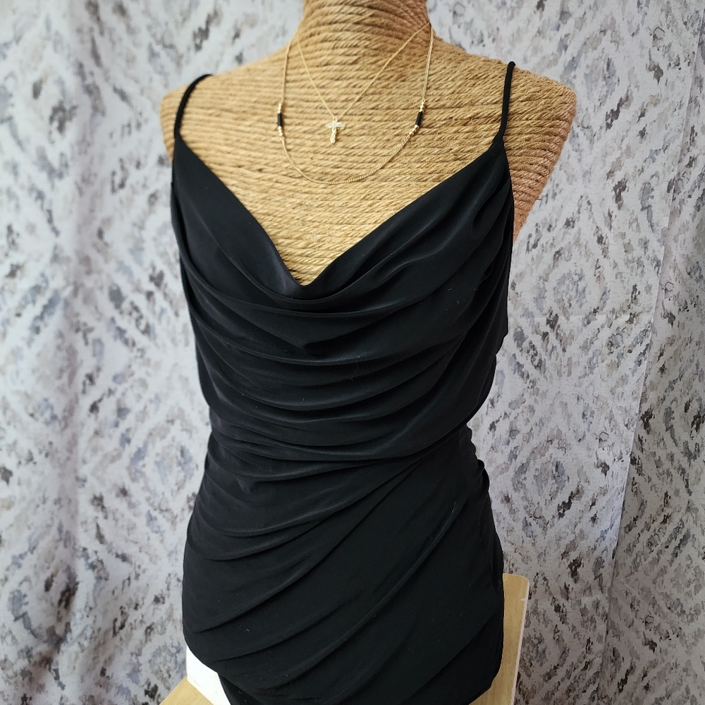 E.L.H Studio Cocktail Mini Dress Womens Sz L Black Bodycon Cowl Neck Crossback